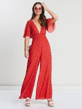 Finders Keepers Frida Floral Wide Leg Jumpsuit Red Size 00 NWT